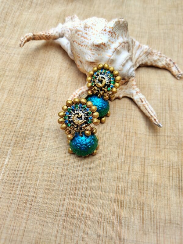 Peacock -Terracotta- Big Size Jhumka ( Golden with Peacock Blue and Green)