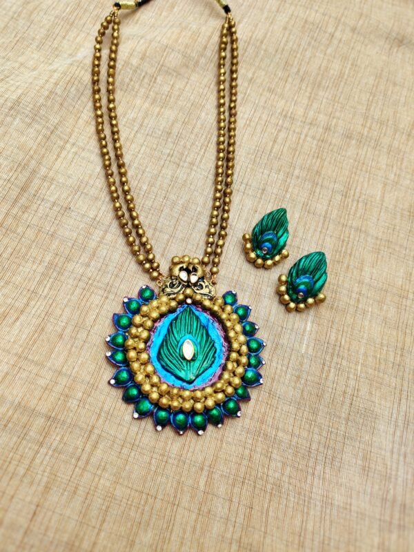 PEACOCK- Terracotta Long Necklace with Big size Earrings ( Golden with Peacock Blue and Green)