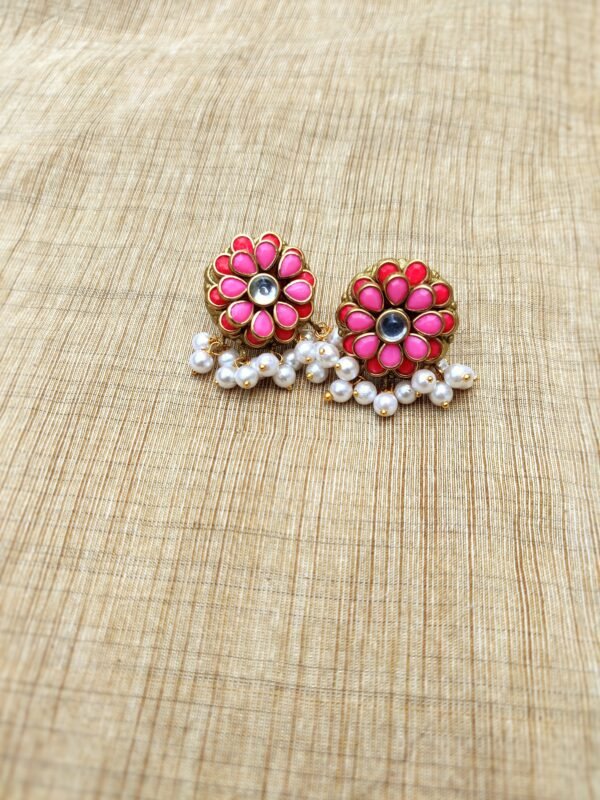 Pushpa - Terracotta- Big Size Earrings ( Golden with Pink and Red)