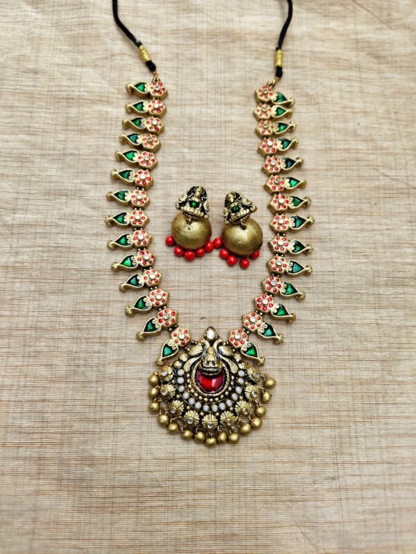 PALAKKA- Terracotta Long Necklace with Big size jhumka ( Golden with Green and Red )
