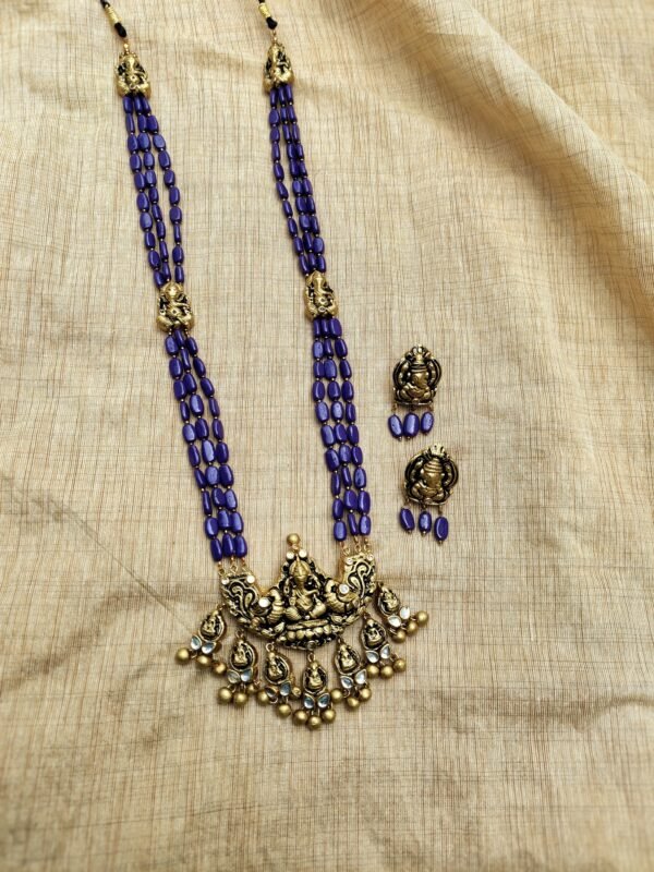 ANJANA- Terracotta Long Necklace with Medium size Earrings ( Golden with Blue )