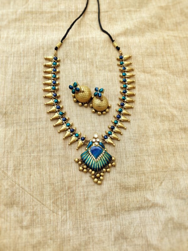 ARPITHA- Terracotta Long Necklace with Big size jhumka ( Golden with Blue and Green )