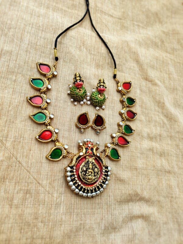 DEVI- Terracotta Medium Necklace with Big size jhumka and Earrings  ( Golden with Green and Red ) - Image 2