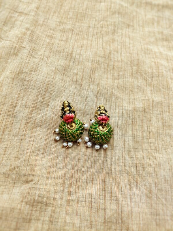 Devi -Terracotta- Big Size Jhumka ( Golden with  Green and Red)