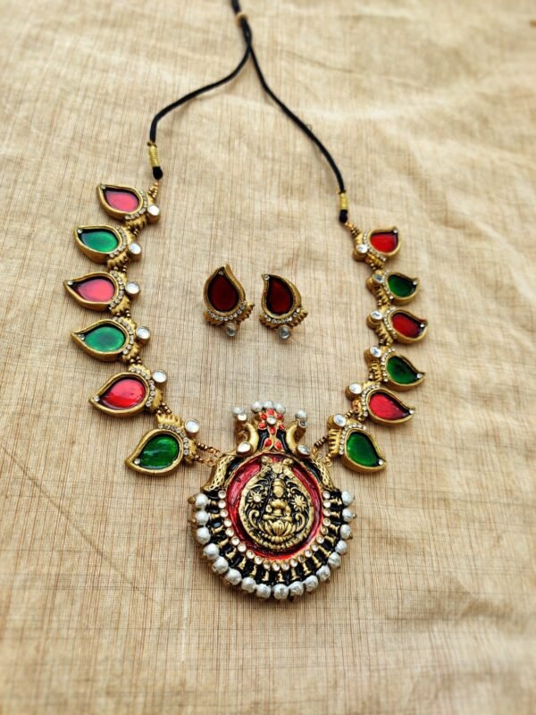 DEVI- Terracotta Medium Necklace with Big size Earrings ( Golden with Green and Red )
