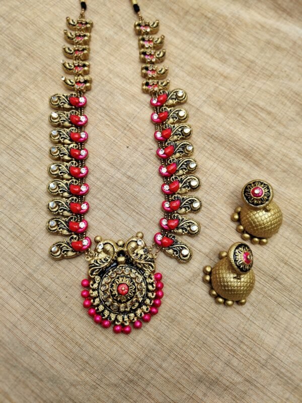 Peacock - Terracotta Long Necklace with Big size jhumka ( Golden with  Red )
