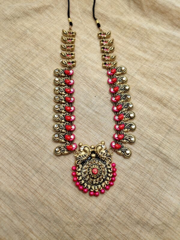 Peacock - Terracotta Long Necklace with Big size jhumka ( Golden with  Red ) - Image 2