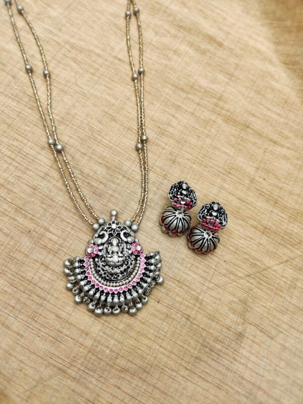 Devi- Terracotta Long Necklace with Big size jhumka ( Silver with Pink)