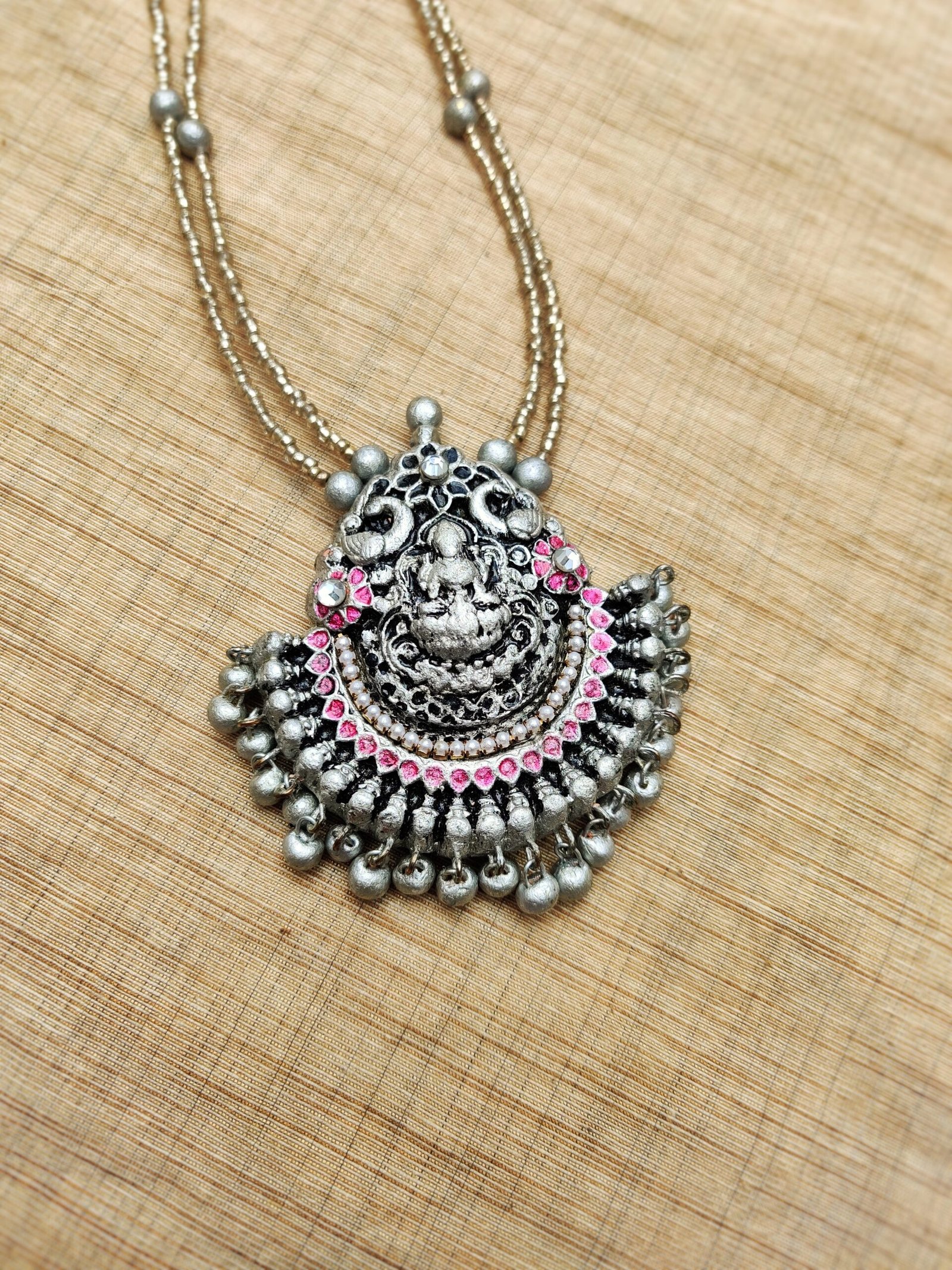 DEVI- Long Necklace with Medium Size Jhumka( GOLDEN WITH SILVER AND PINK) - Image 3