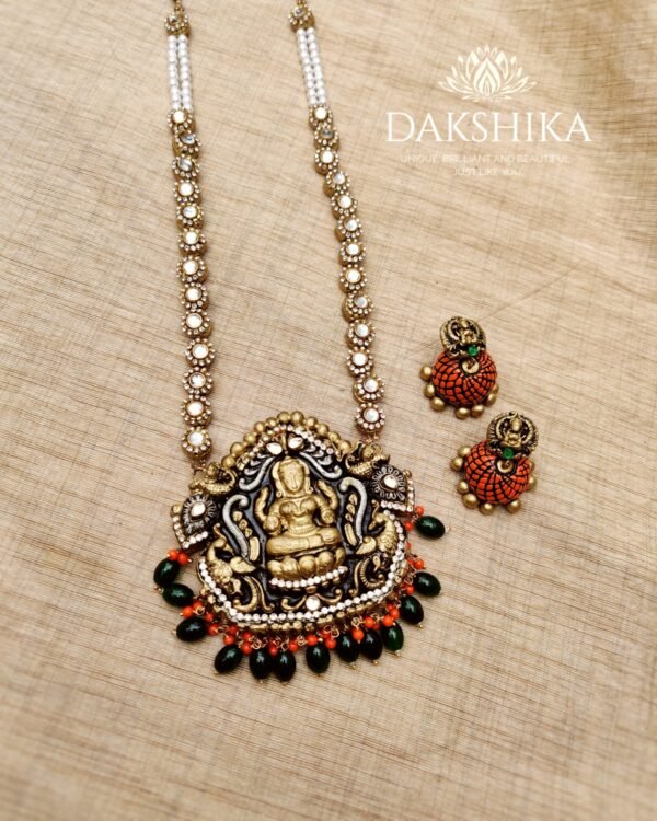 DEVI- Terracotta Long Necklace with Big size jhumka ( Golden with Black and Orange )