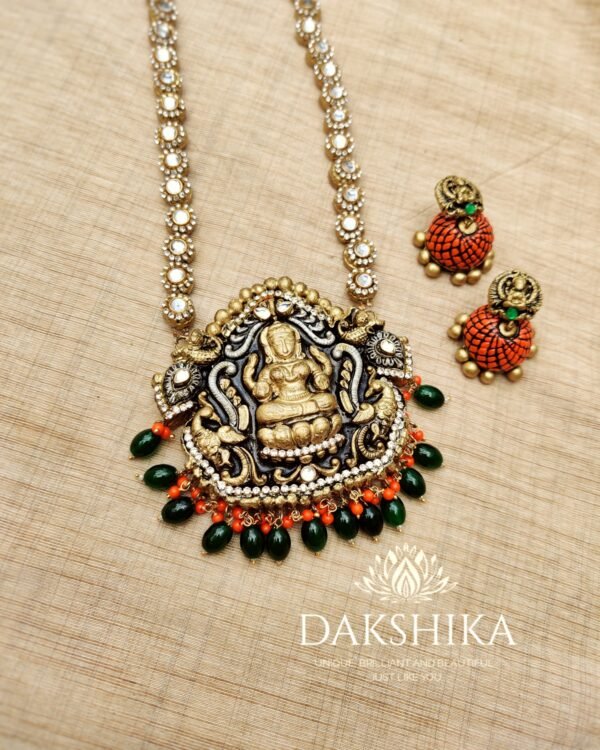 DEVI- Terracotta Long Necklace with Big size jhumka ( Golden with Black and Orange ) - Image 2