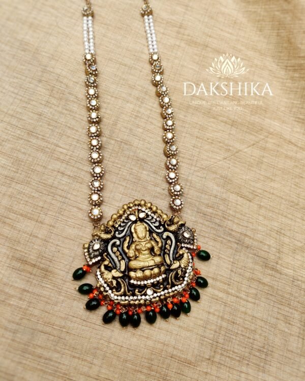 DEVI- Terracotta Long Necklace with Big size jhumka ( Golden with Black and Orange ) - Image 3