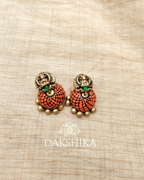 Kdhakali -Terracotta- Big Size Jhumka ( Golden with Orange )