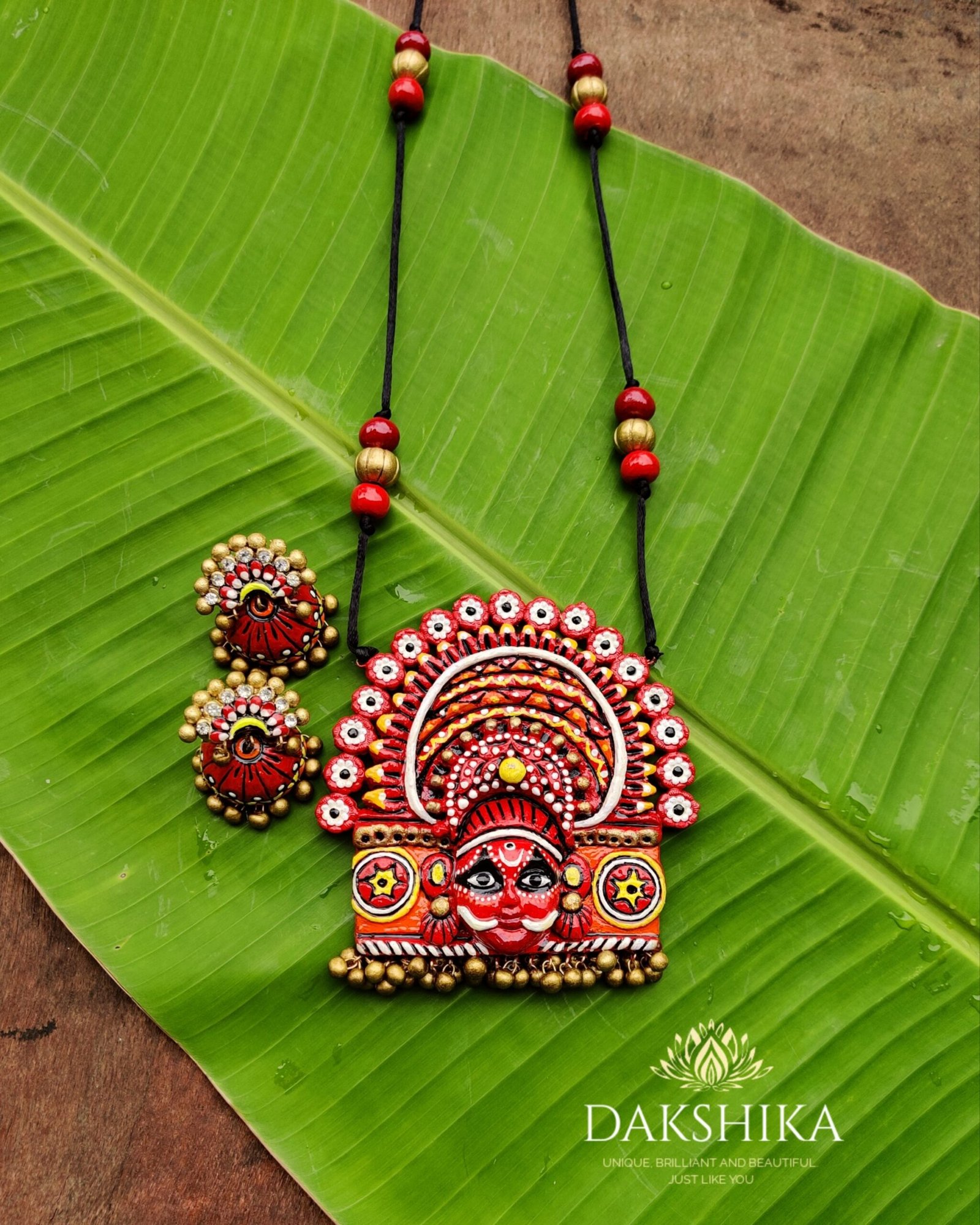 THEYYAM- Terracotta Large Pendant with big size jhumka ( Golden with multi colour)