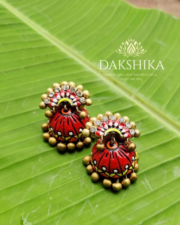 THEYYAM- Terracotta Extra Large Pendant with big size jhumka ( Golden with multi colour) - Image 2