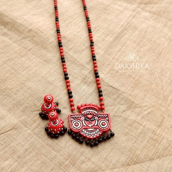 THEYYAM- Terracotta small Pendant with Medium size jhumka ( Golden with multi colour)
