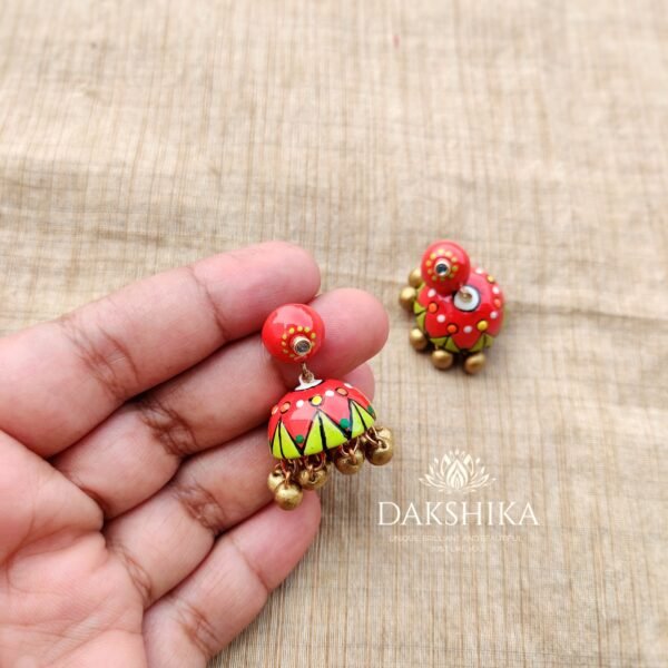 THEYYAM- Terracotta Medium Pendant with Medium size jhumka ( Golden with multi colour) - Image 5