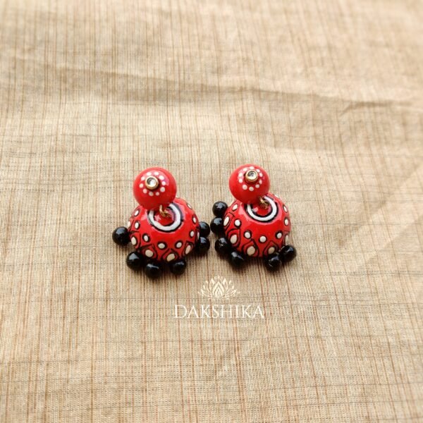 THEYYAM- Terracotta small Pendant with Medium size jhumka ( Golden with multi colour) - Image 3