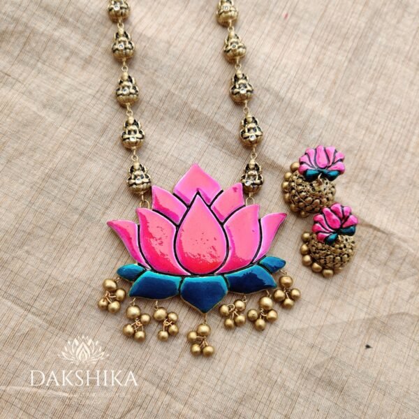 Ambuja- Long Necklace with Medium Size Jhumka ( Golden with pink & blue) - Image 2