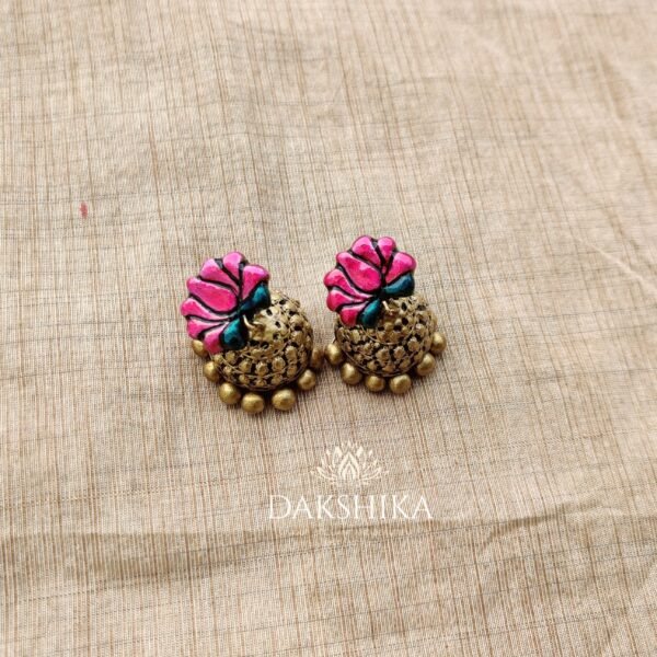 Ambuja- Long Necklace with Medium Size Jhumka ( Golden with pink & blue) - Image 3