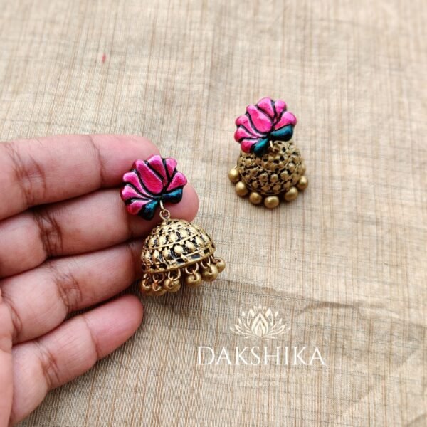 Ambuja- Long Necklace with Medium Size Jhumka ( Golden with pink & blue) - Image 4