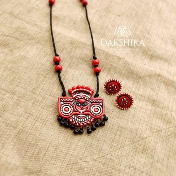 THEYYAM- Terracotta small Pendant with big size earring ( Golden with multi colour)
