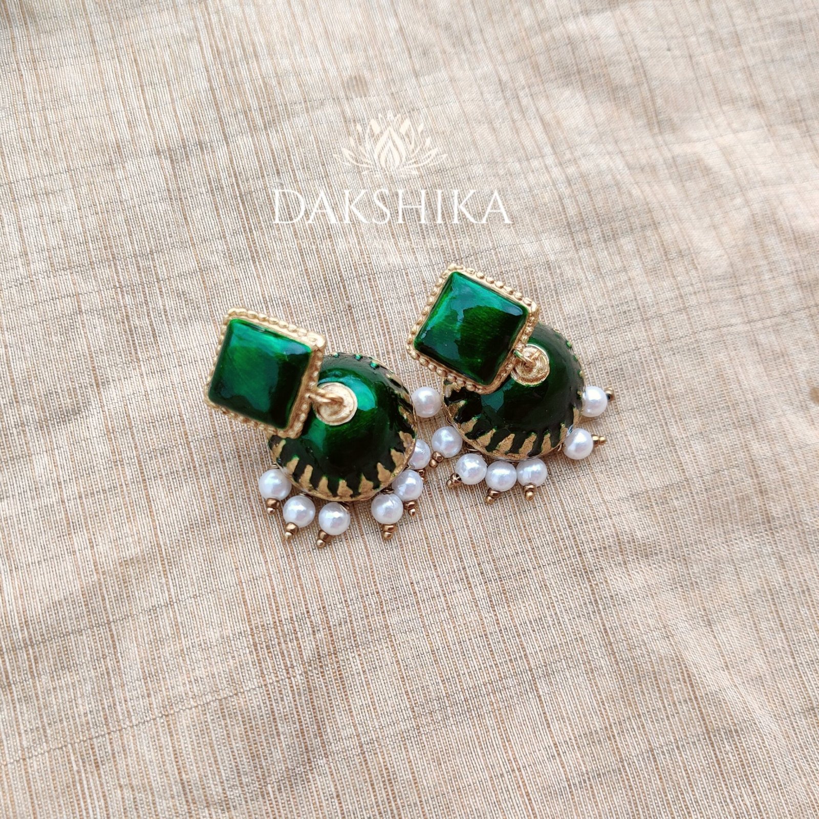 Priya-Terracotta- Medium Size Jhumka ( Golden with Green )