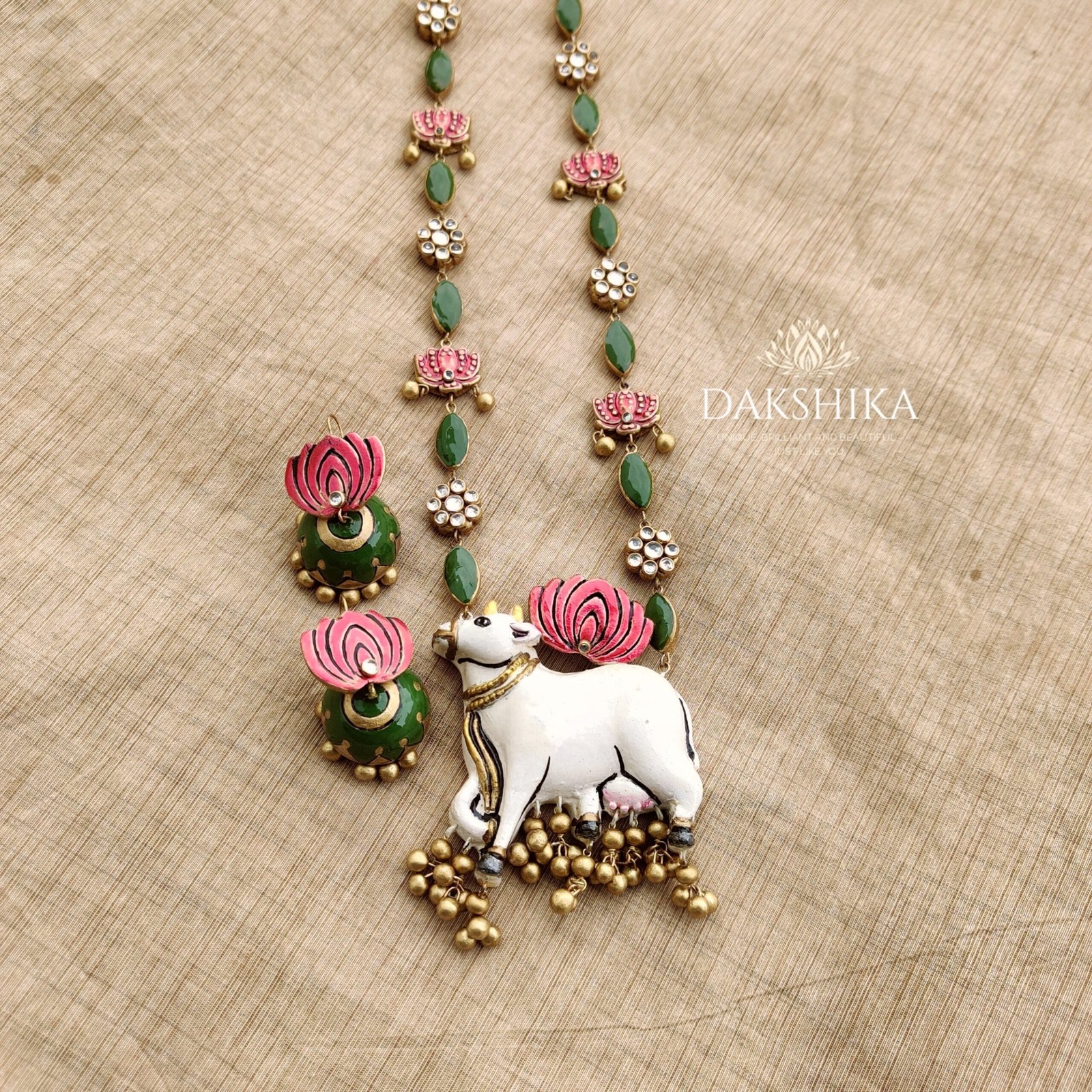 Govardha- Terracotta Big Pendant with Medium size jhumka ( Golden with White , Pink &Green)