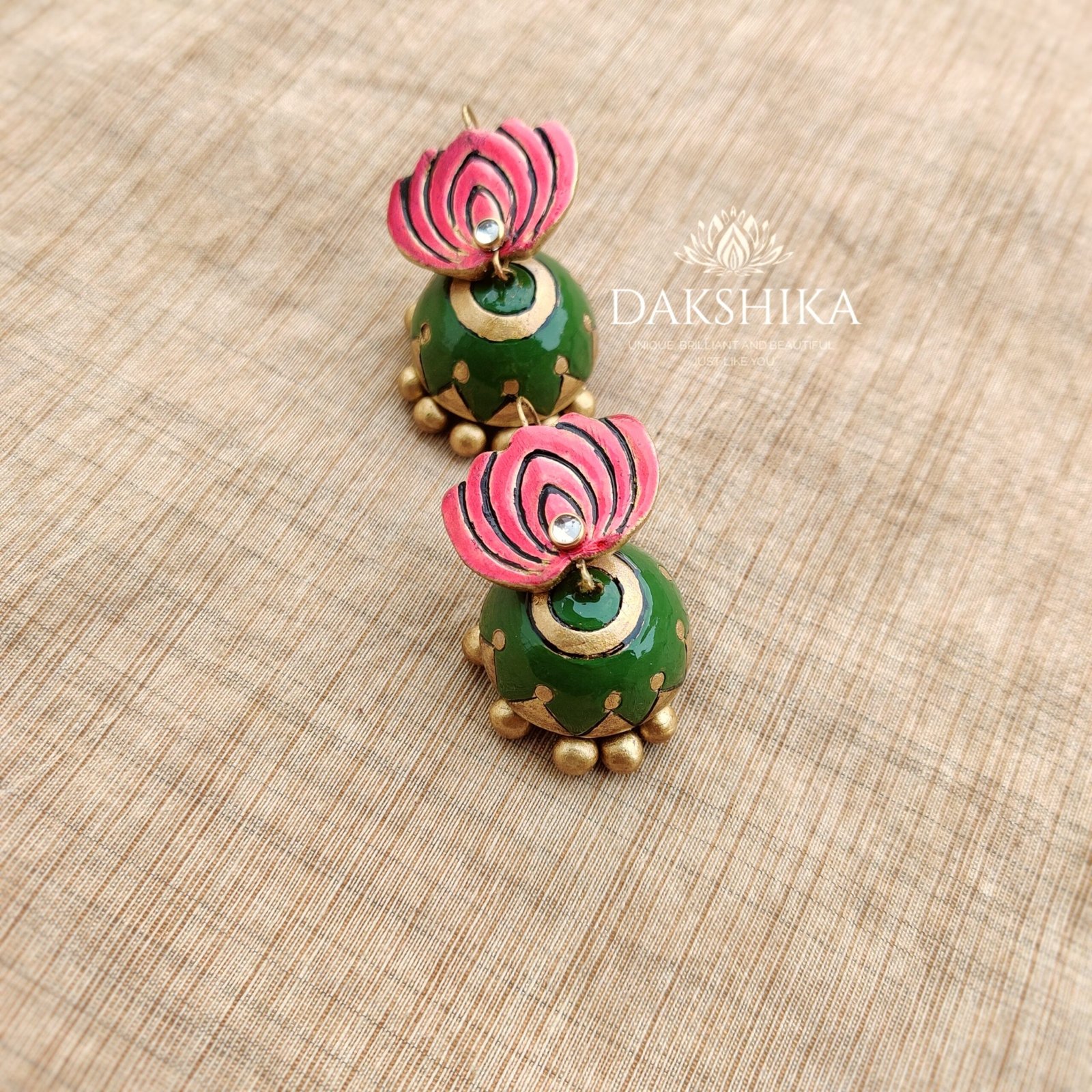 Ambuja -Terracotta- Medium Size Jhumka ( Golden with Green and Pink )