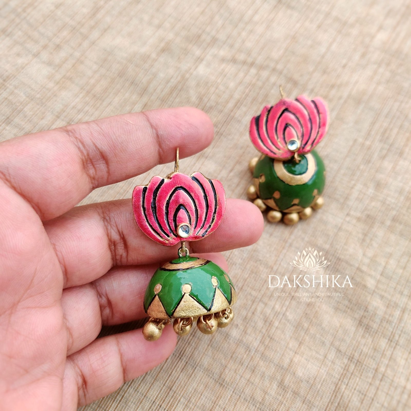 Ambuja -Terracotta- Medium Size Jhumka ( Golden with Green and Pink ) - Image 2