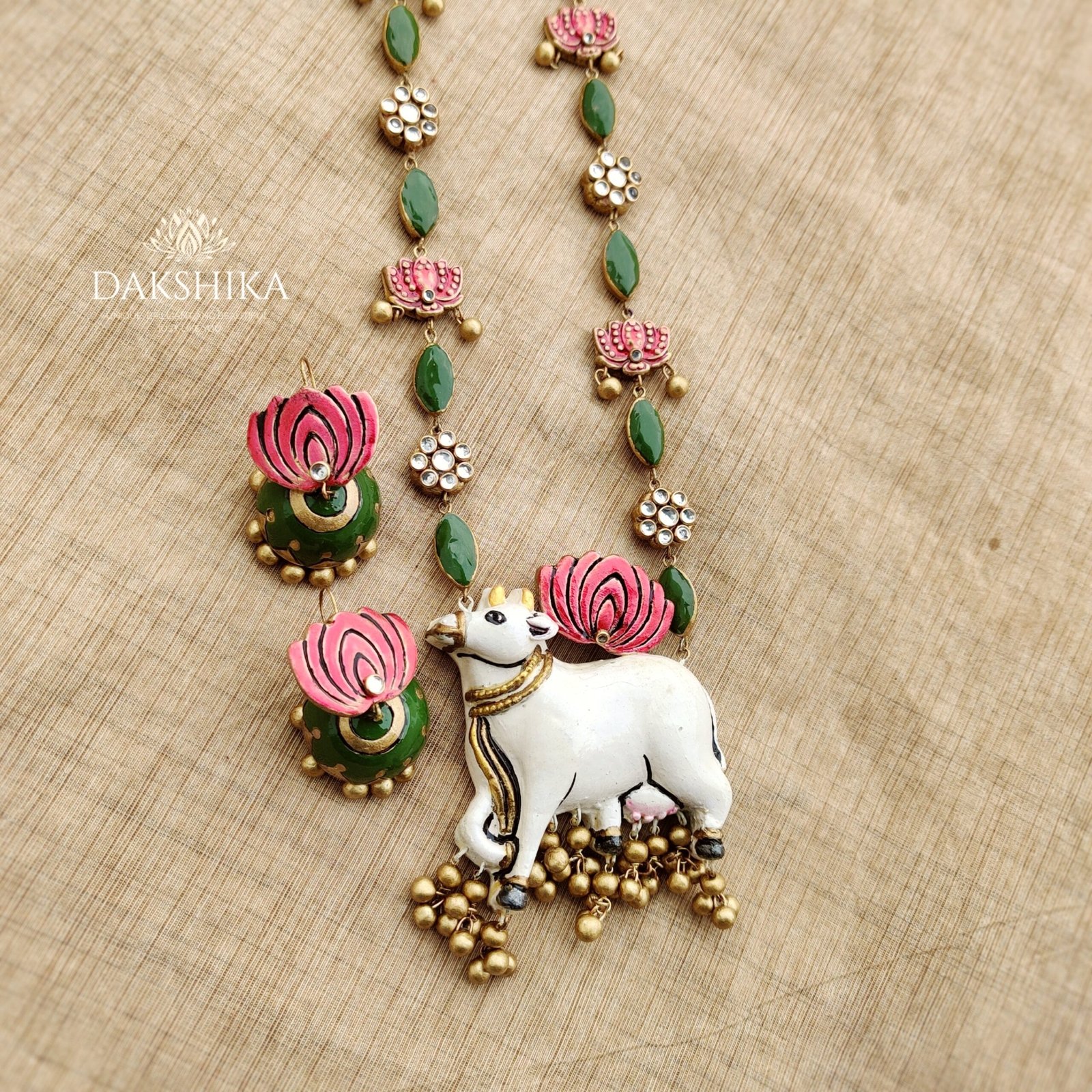 Govardha- Terracotta Big Pendant with Medium size jhumka ( Golden with White , Pink &Green) - Image 2