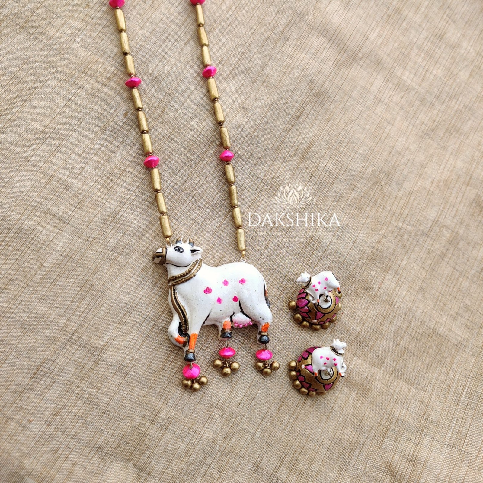 Govardha- Terracotta small Pendant with Medium size jhumka ( Golden with White and Pink)