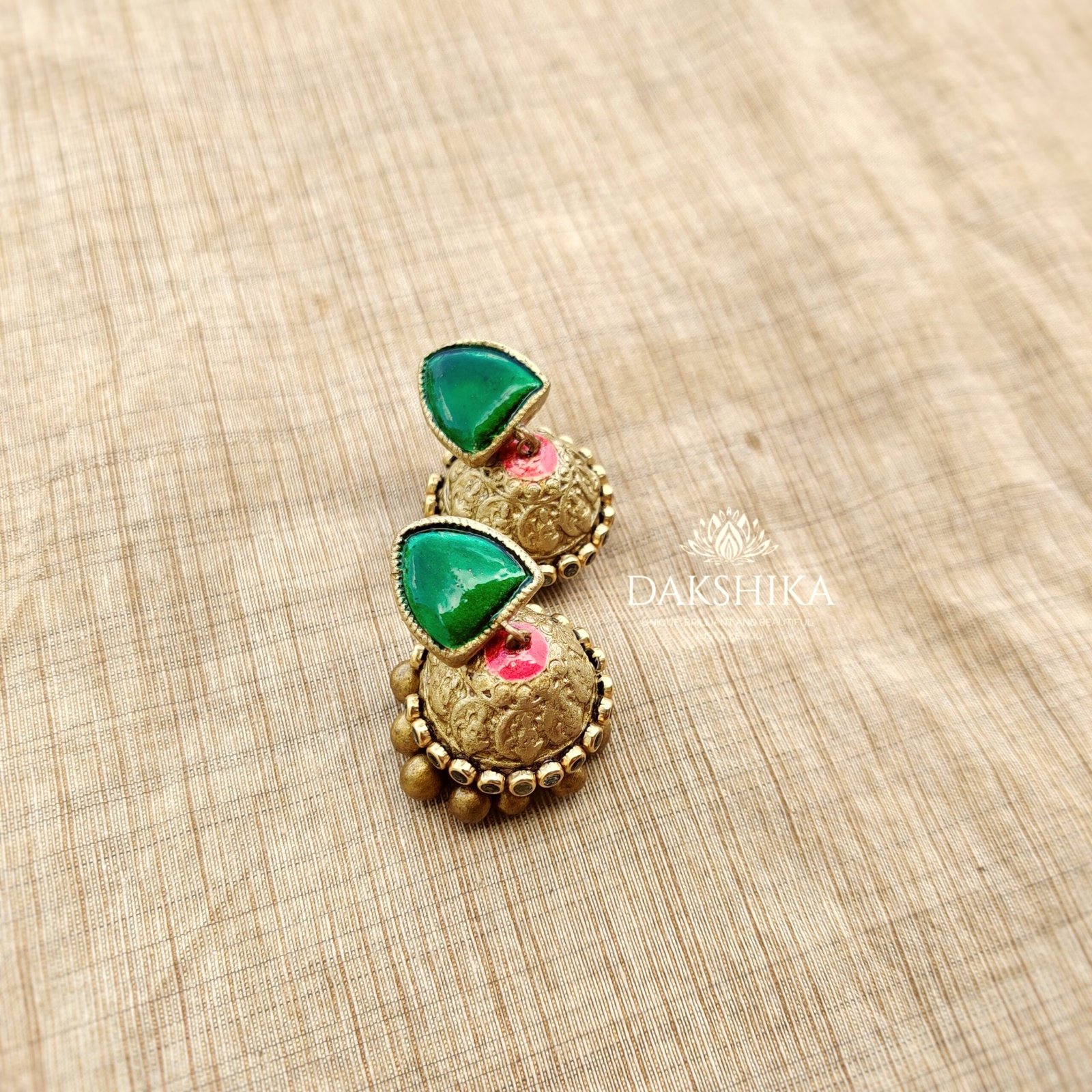 Palakka -Terracotta- Medium Size Jhumka ( Golden with Green )