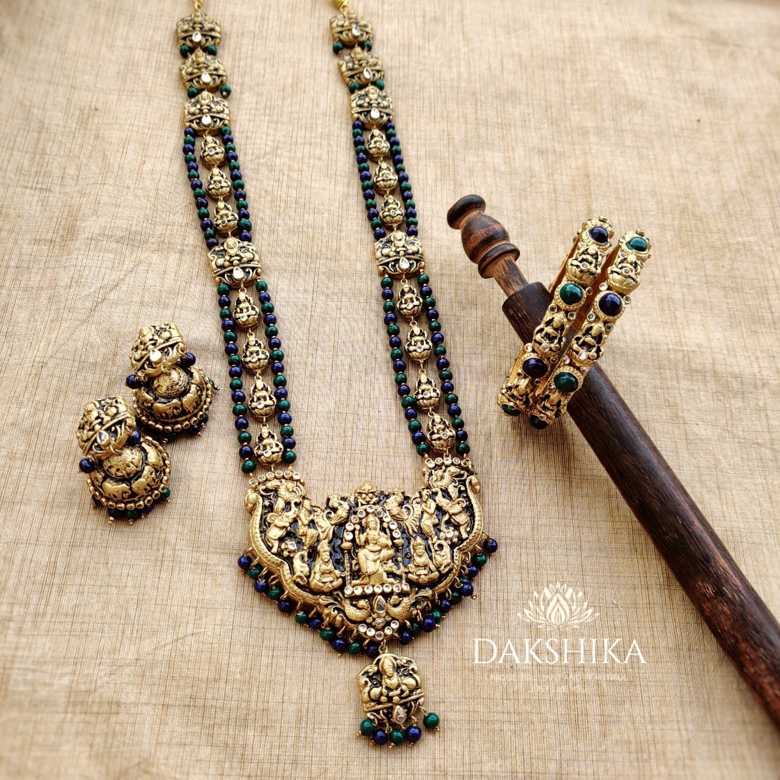 Devika-Terracotta- Necklace With Jhumka & Bangles (Golden With Blue and Green)