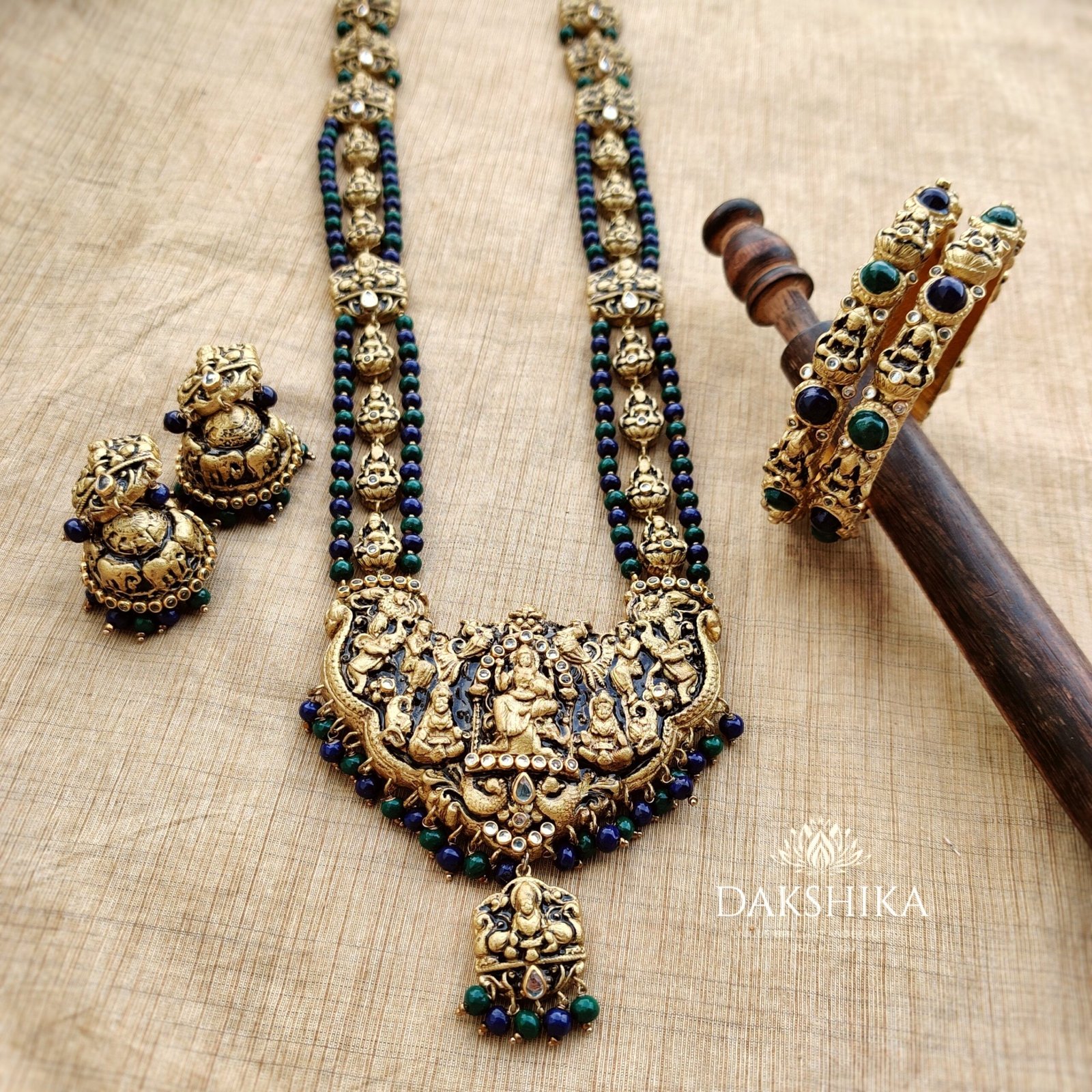 Devika-Terracotta- Necklace With Jhumka & Bangles (Golden With Blue and Green) - Image 2