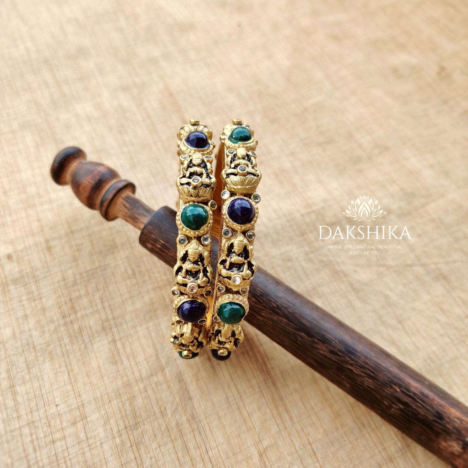 Terracotta- Clay Bangles (Golden With Blue & Green)