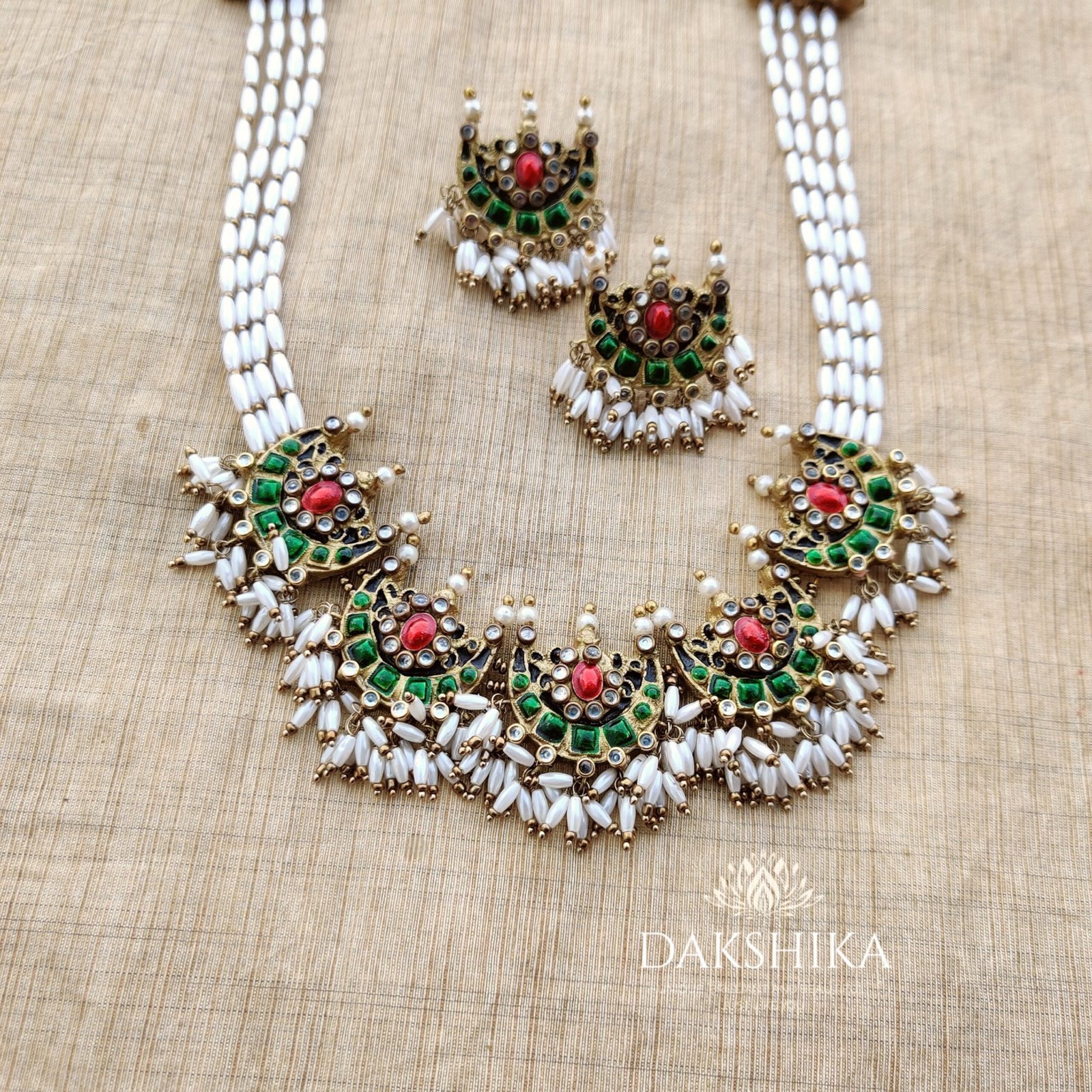 Raga- Long Necklace with Big Size Earrings (White, RED AND GREEN)