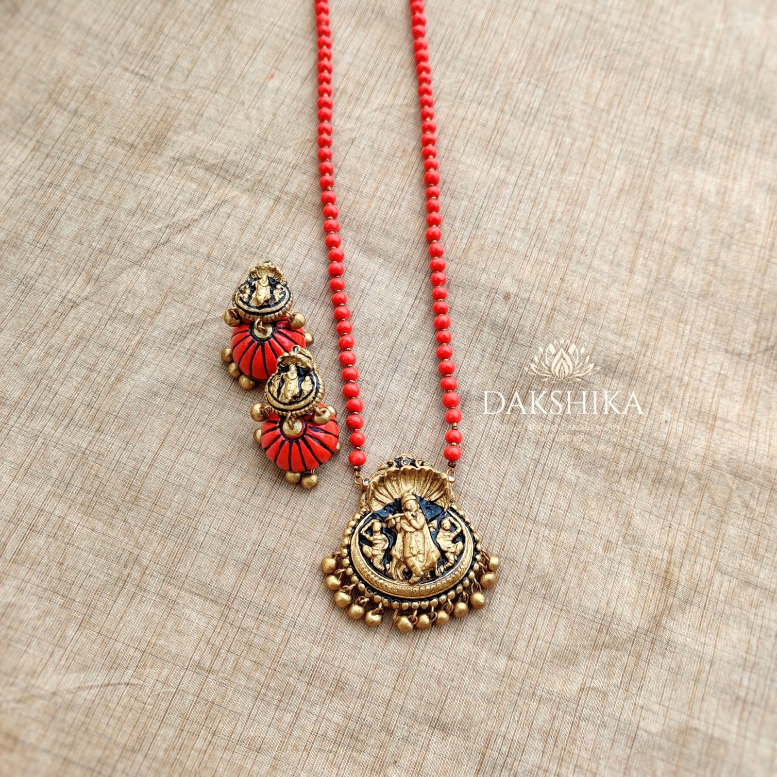 krishna- Long Necklace with Big Size Jhumka (Golden with Orange)