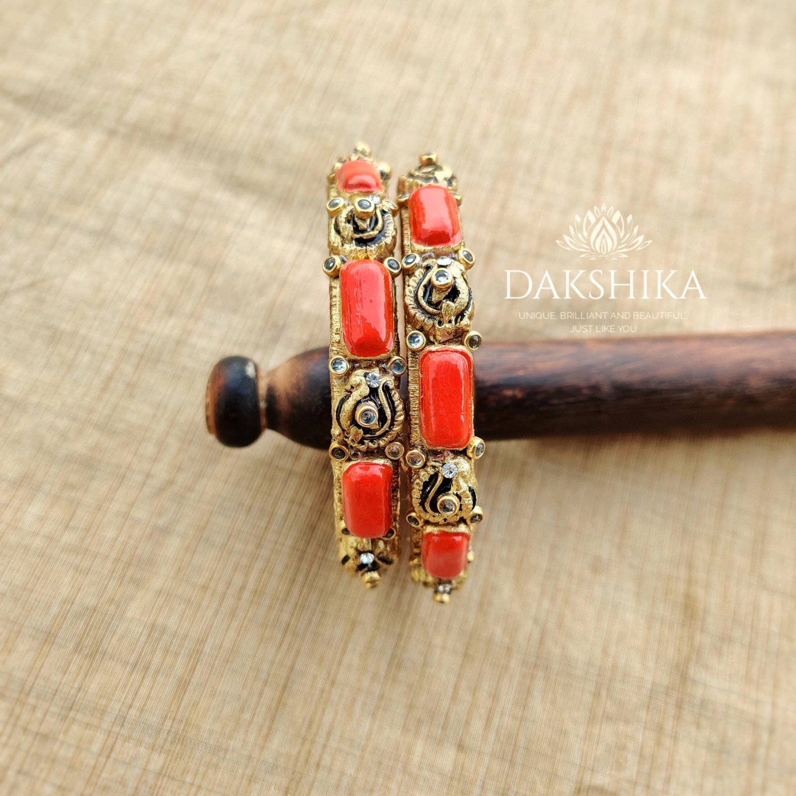 MAYOORA- Clay Motif Bangles (Golden With Coral orange)