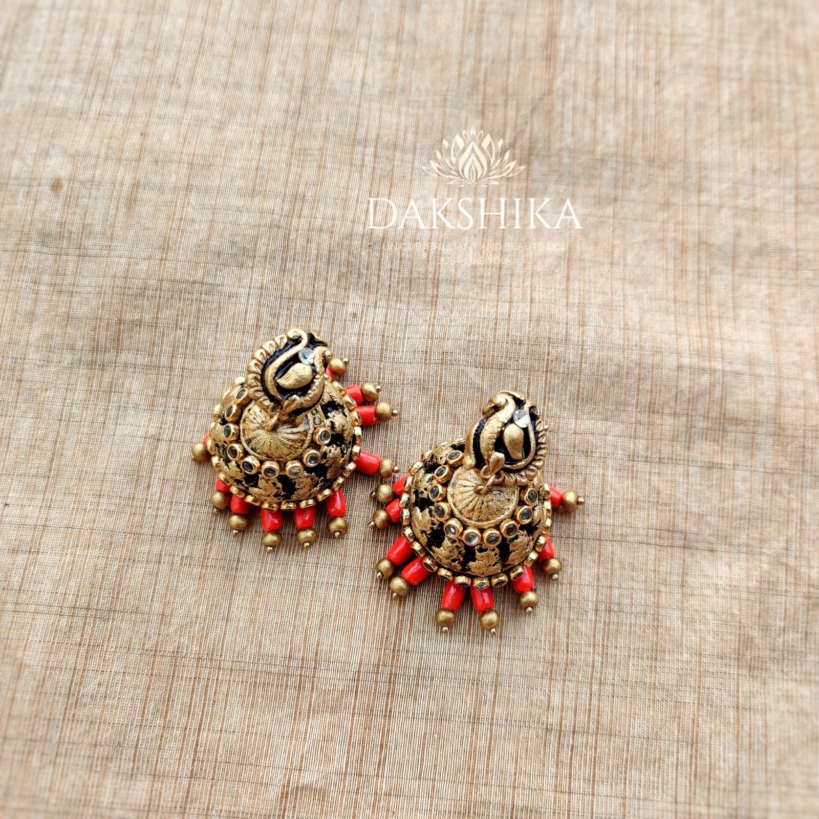 Peacock -Terracotta- Medium Size Jhumka ( Golden with Red)