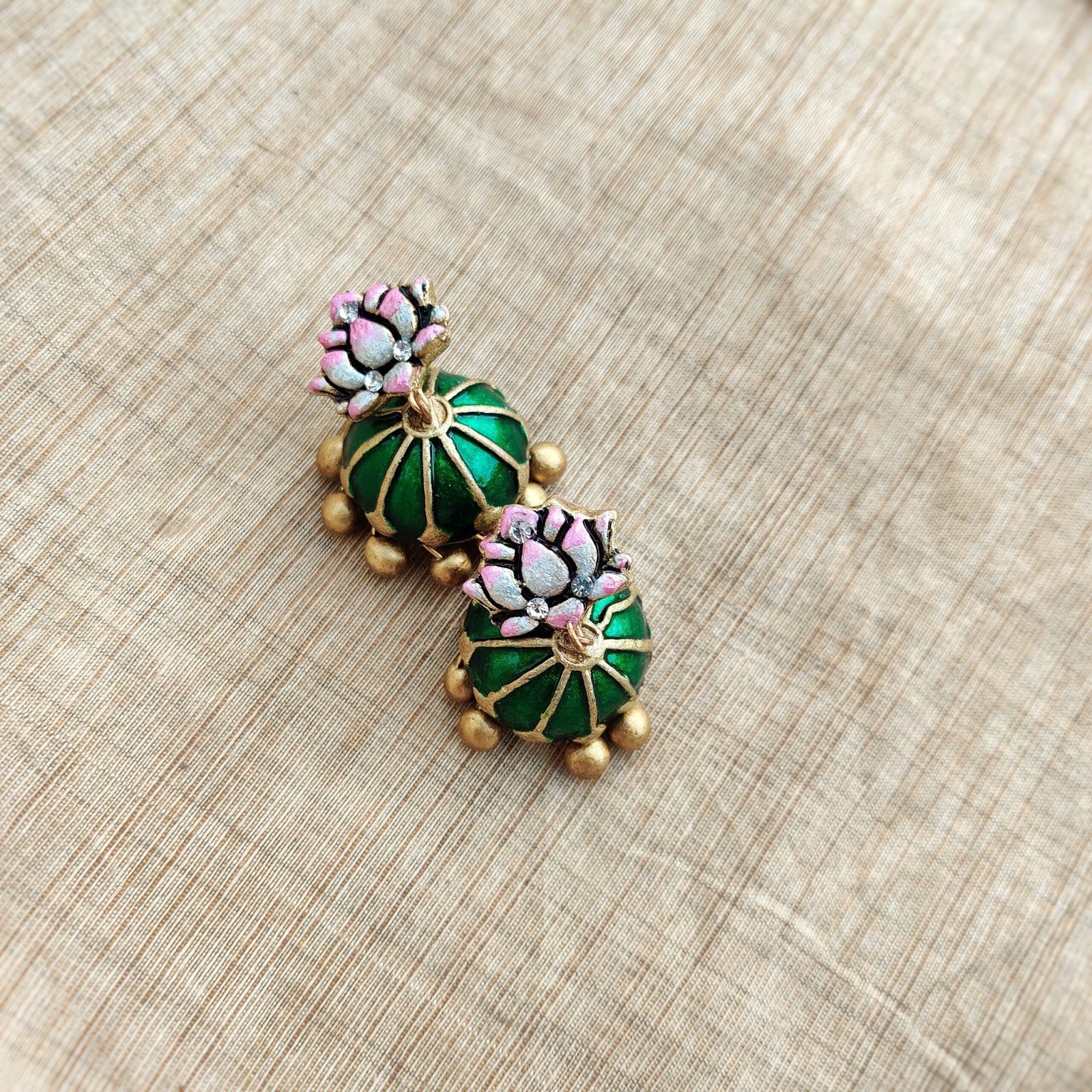 Ambuja -Terracotta- Medium Size Jhumka ( Golden with Green , Pink and White)