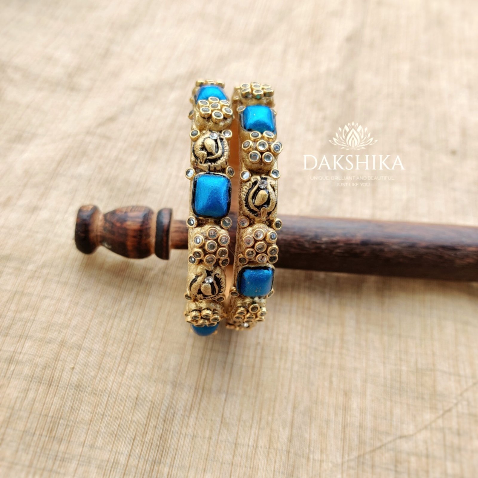 MAYOORA- Clay Motif Bangles (Golden With Blue & Green)