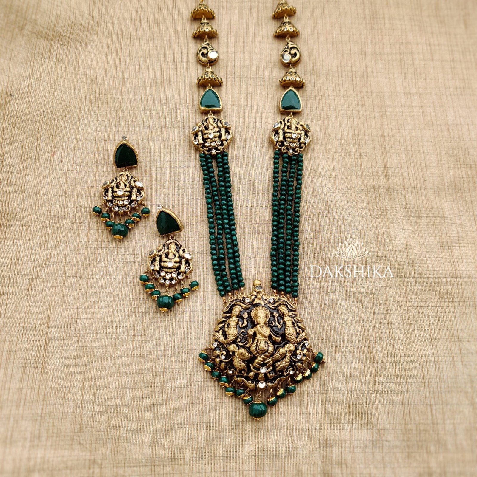 KRISHNA- Terracotta Long Necklace with Big size Earrings ( Golden with Green )