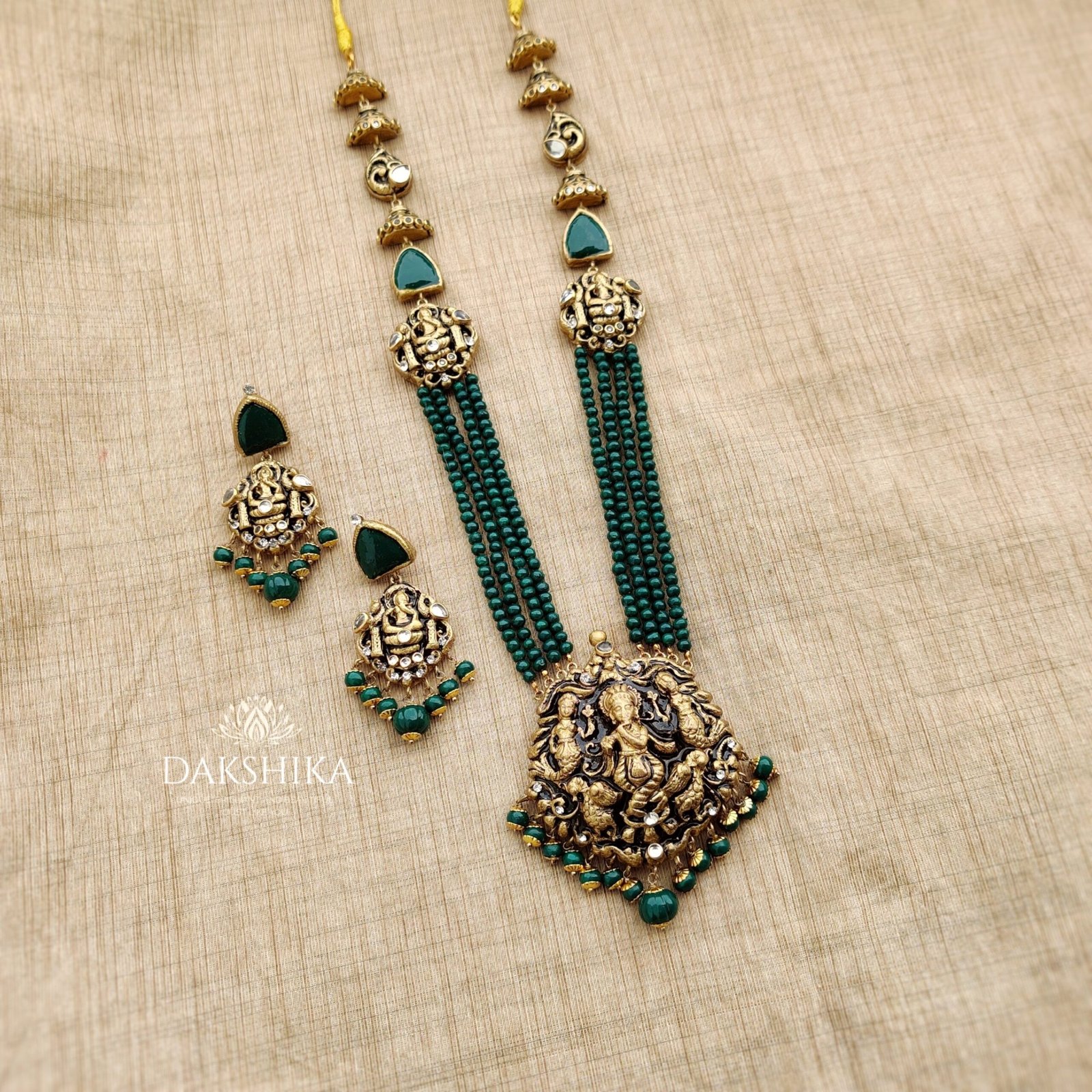 KRISHNA- Terracotta Long Necklace with Big size Earrings ( Golden with Green ) - Image 2