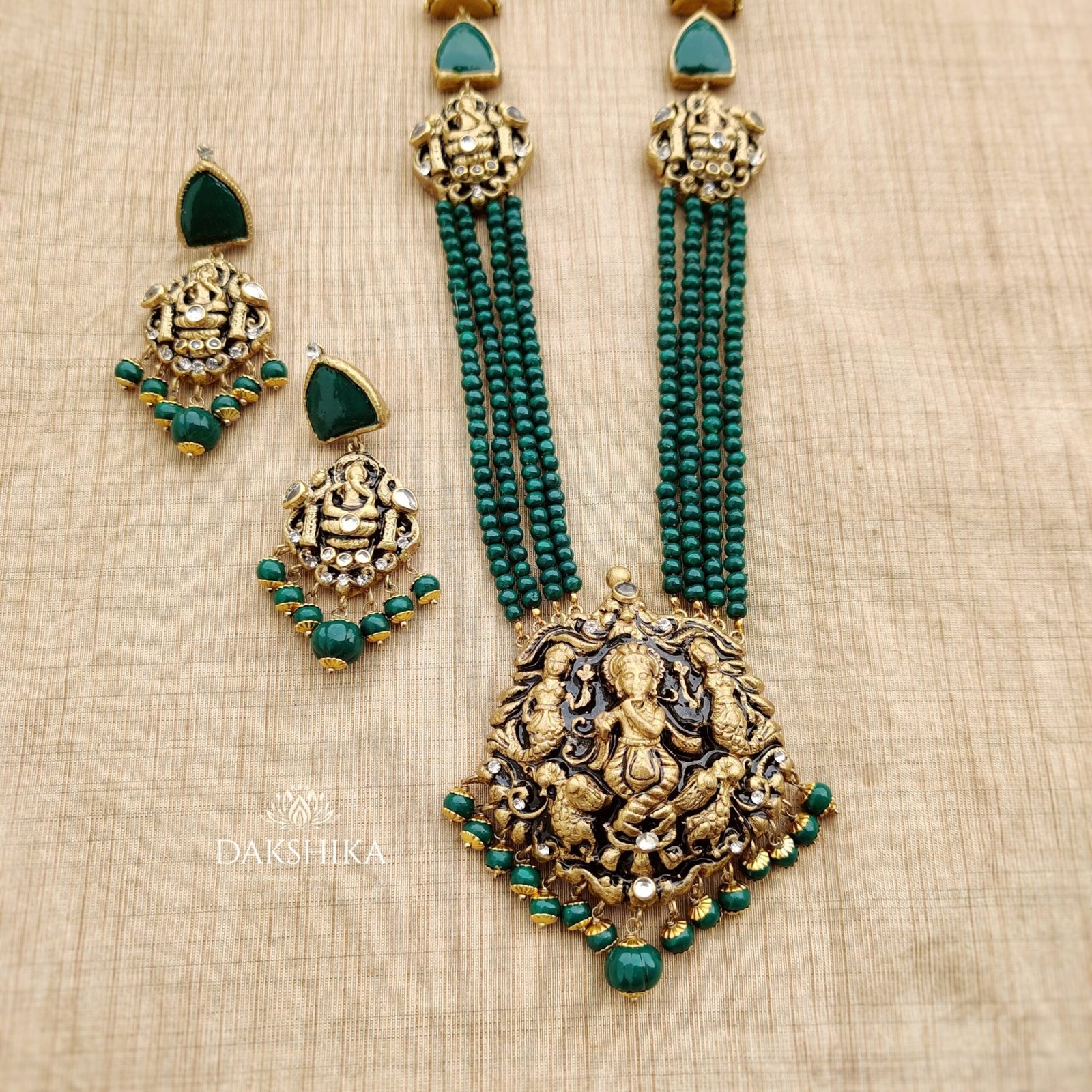 KRISHNA- Terracotta Long Necklace with Big size Earrings ( Golden with Green ) - Image 3