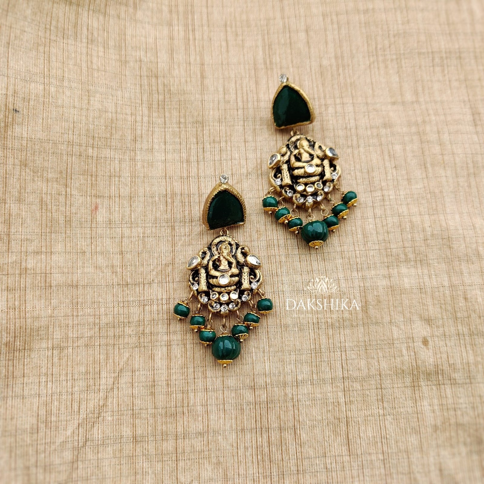 KRISHNA- Terracotta Long Necklace with Big size Earrings ( Golden with Green ) - Image 4