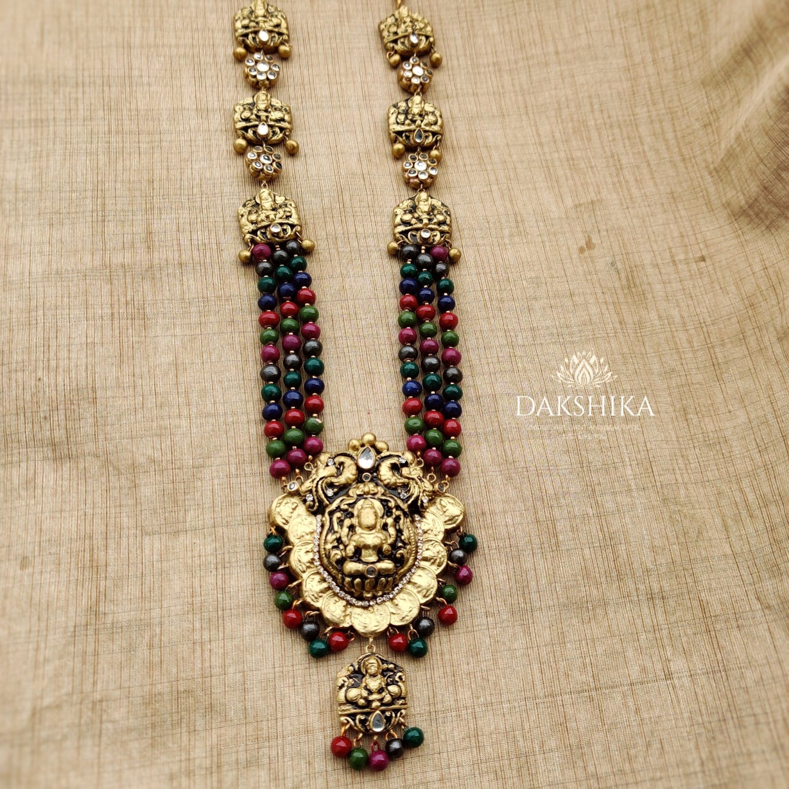 Devi - Terracotta Long Necklace With Medium size Earrings ( Golden with multi colour) - Image 2