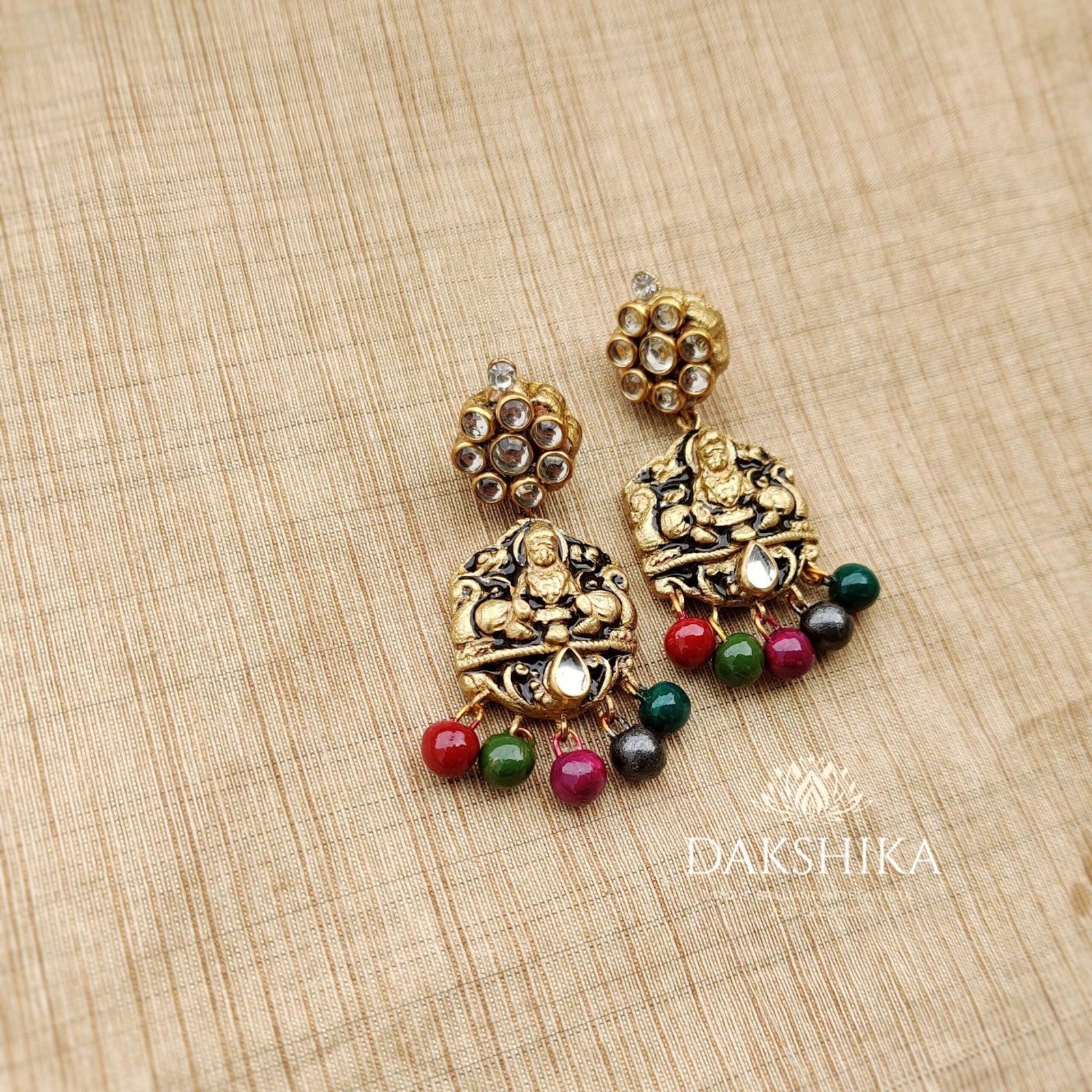 Devi - Terracotta Long Necklace With Medium size Earrings ( Golden with multi colour) - Image 3