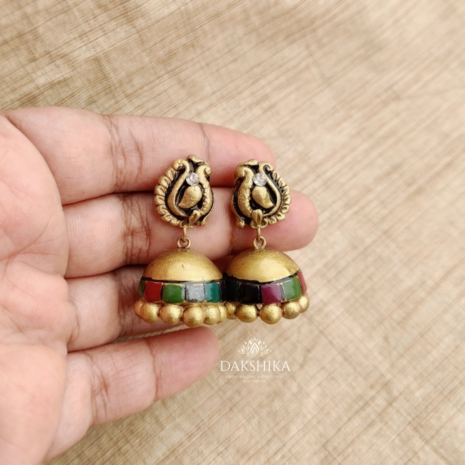 Peacock-Terracotta- Medium Size Jhumka ( Golden with Multi color)