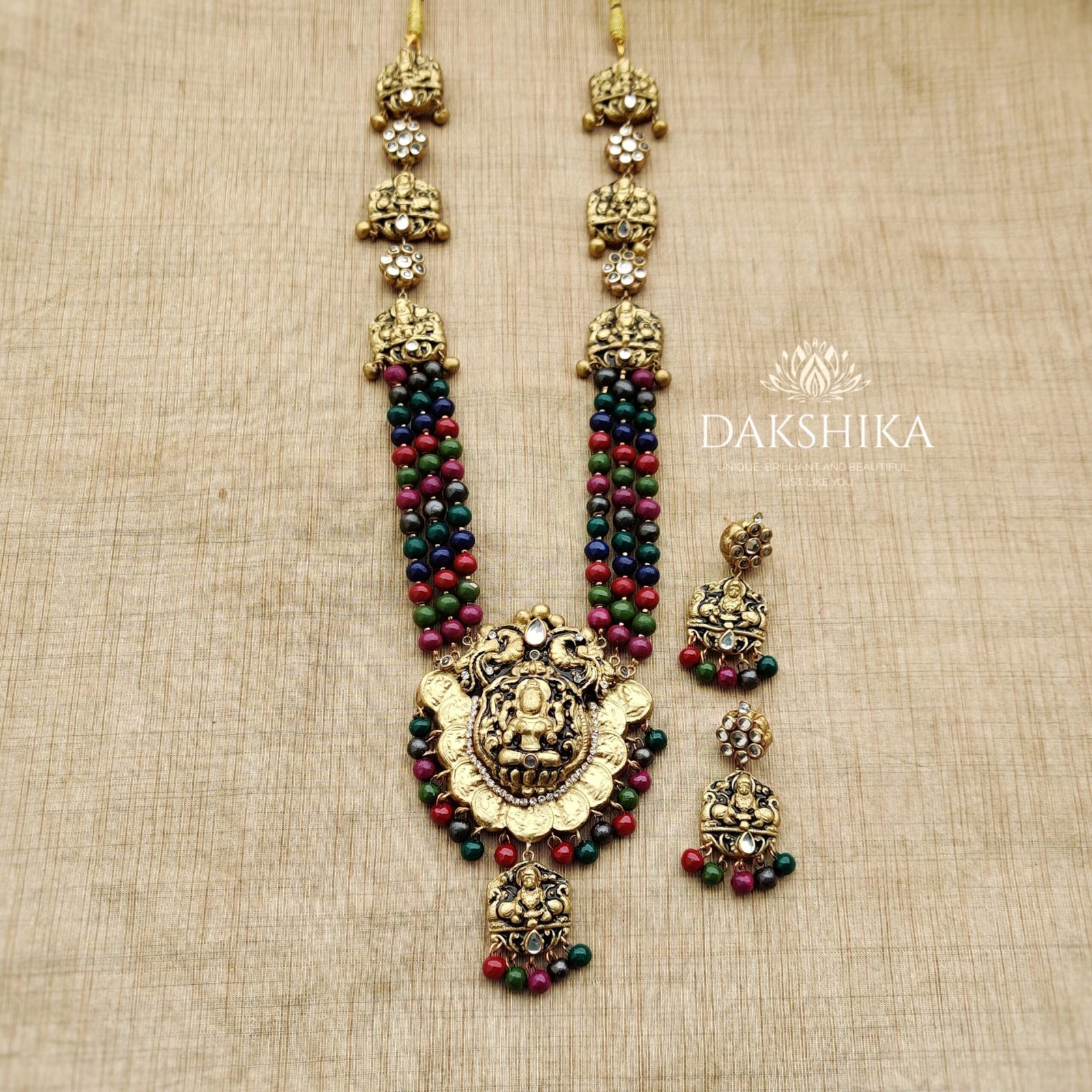 Devi - Terracotta Long Necklace With Medium size Earrings ( Golden with multi colour)